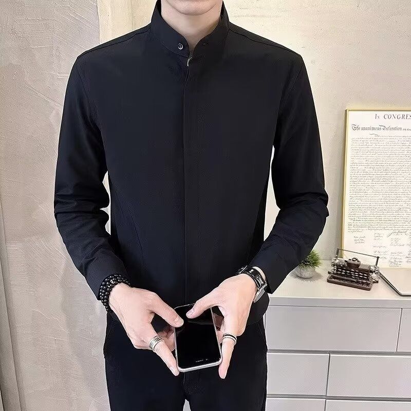 Small Stand Collar Fashionable Shirt Men's Long Sleeved Casual Wrinkle Resistant Slim Fit Solid Color Shirt_voghion.com