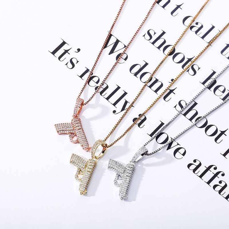 Silver Pistol Full Zircon Pendant New Hip Hop Necklace Jewelry_voghion.com
