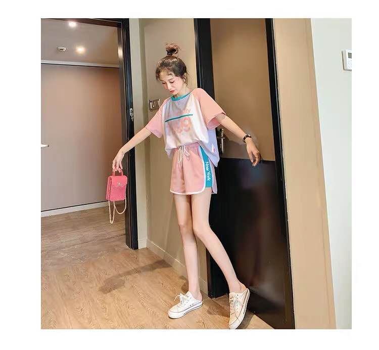 Ensemble deux pièces pour fille coréenne, t-shirt ample à manches courtes et short raglan à blocs de couleurs_voghion.com