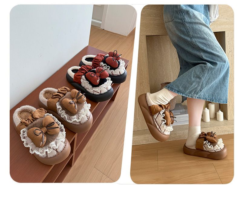 Damen Baumwolle 2025 Herbst/Winter Neue Bow Fuzzy Hausschuhe Stilvolle und vielseitige Freizeitschuhe_voghion.com