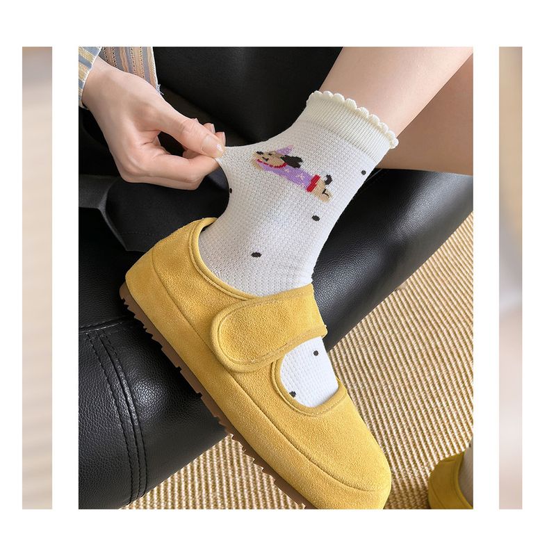 Cartoon Puppy Cotton Socks Spring And Summer Thin Women's Ins Polka Dot Stripes Milk White Hundred Hundred Medium Socks_voghion.com