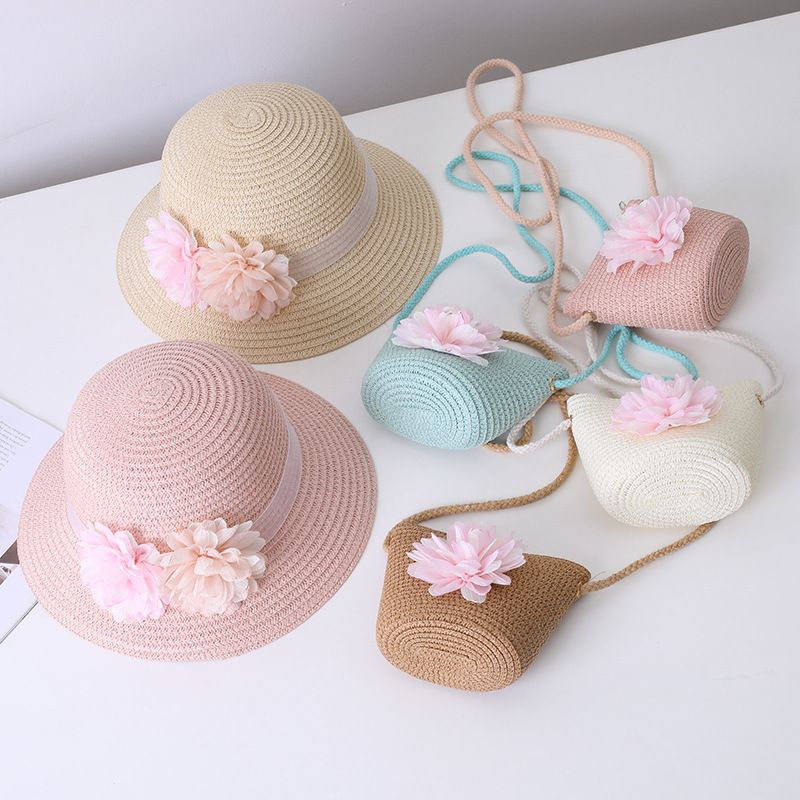 Cappello da spiaggia estivo per bambini, con paglia, per genitori e bambini, con protezione solare, con fiori carini, piccolo sacchetto fresco_voghion.com