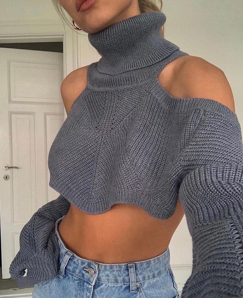 Damenbekleidung ins sexy schulterfreier kurzer Pullover für Frauen Herbst neuer heißer Mädchen Rollkragenpullover Pullover C27073_voghion.com