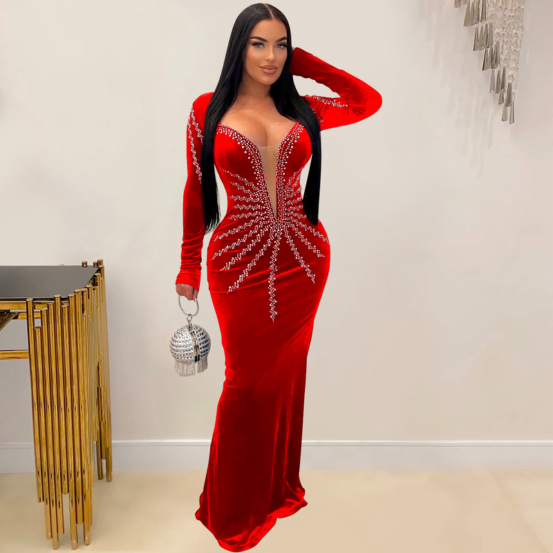Damenbekleidung, modisches, einfarbiges, sexy, heißes Diamant-Langarmkleid mit langem Rock_voghion.com