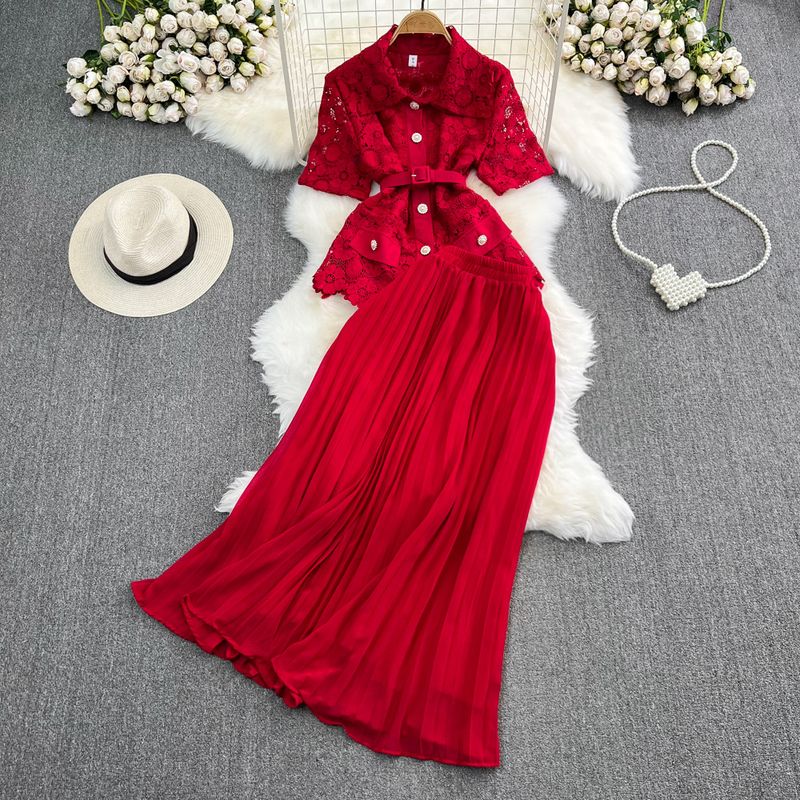 Women's light luxury lapel, loose single-breasted lace shirt, two-piece set, high-waist pleated skirt_voghion.com