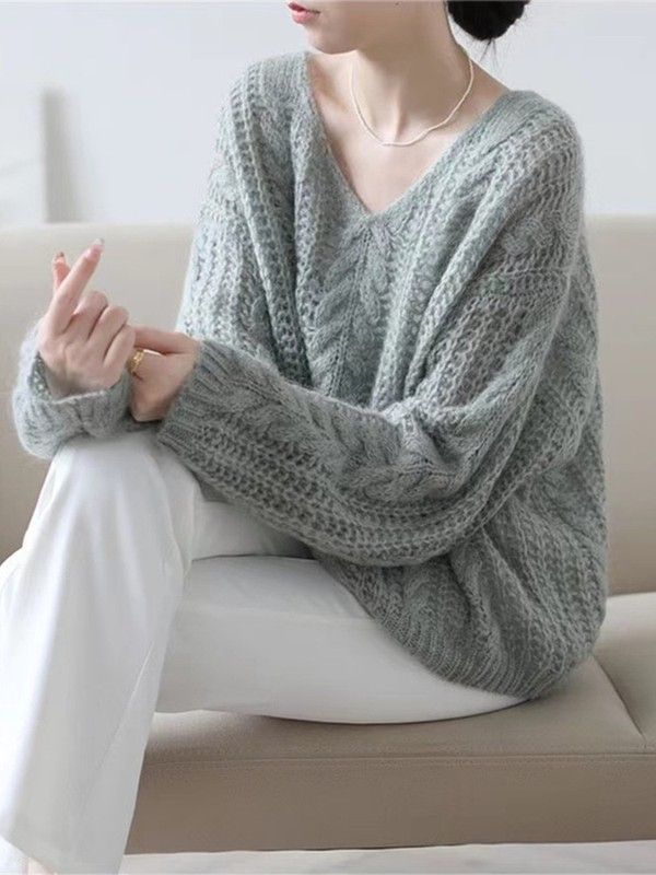 Maglione in mohair morbido e pigro stile francese per donna, taglie forti, primaverile, temperamento delicato, scollo a V, lavorato a maglia traforata_voghion.com