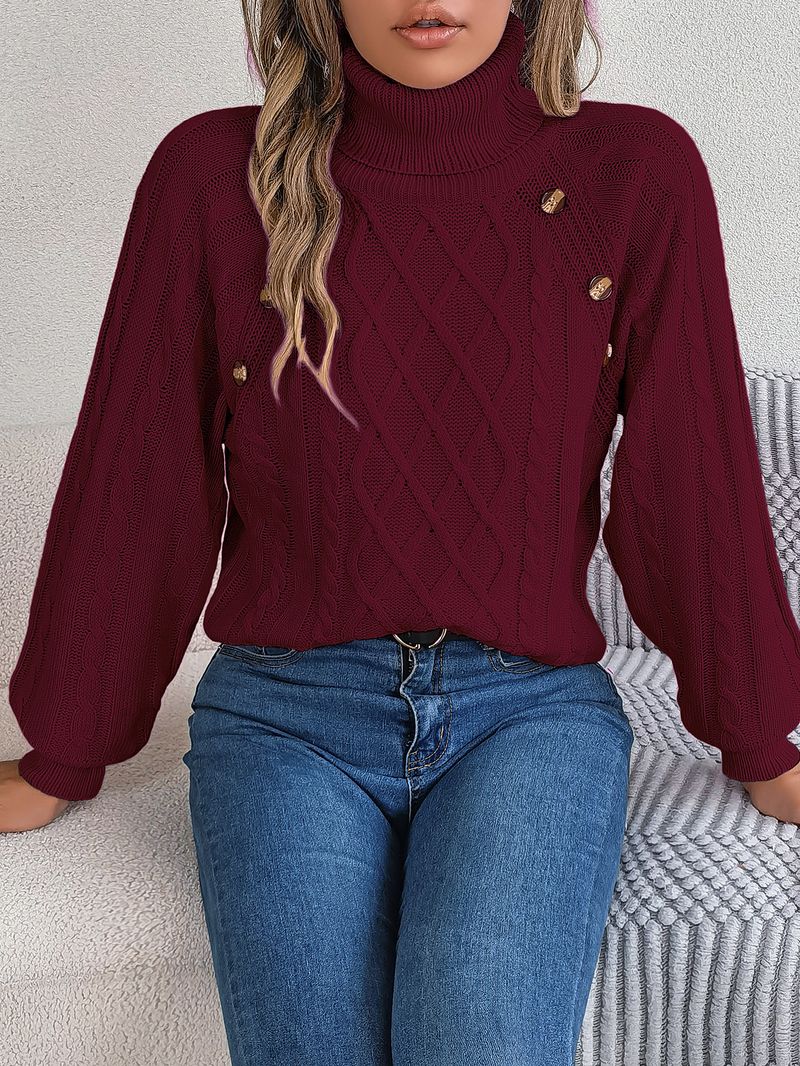 Maglione pullover da donna alla moda, con collo alto, maniche a lanterna, in maglia a trecce, casual, tinta unita, autunno inverno 2025_voghion.com