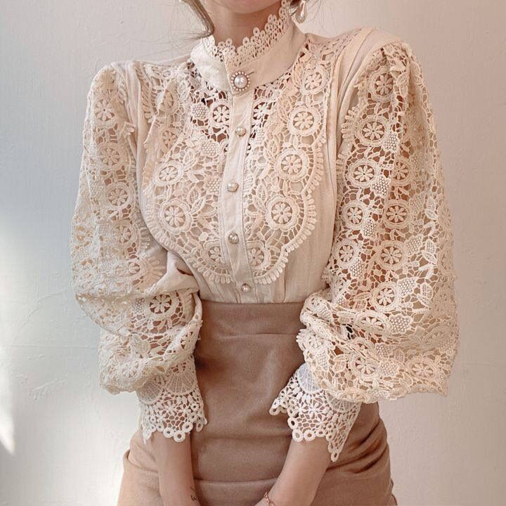 Women's Clothing Elegant Lace Panel Blouse Button-Up Open Front, Long Sleeve, Stand Collar, Boho Chic & Breathable (White/Black/Beige, S-3XL)_voghion.com