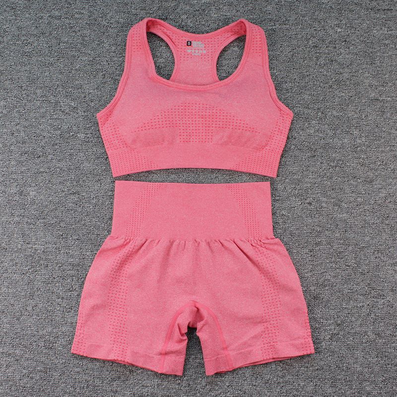 Conjunto de dos piezas de lunares sin costuras con espalda cruzada, pantalones cortos, traje de fitness para mujer, sujetador sin espalda, top, atuendo de yoga_voghion.com