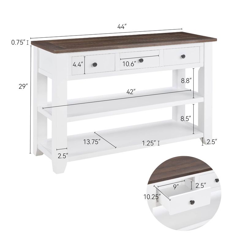Retro Design Console Table With Two Open Shelves, Pine Solid Wood Frame And Legs For Living Room_voghion.com