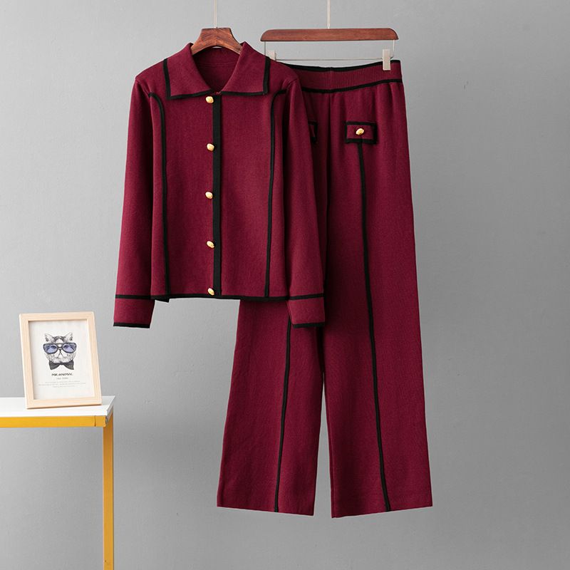 Knitted Autumn Winter Single-Breasted Polo Collar Sweater Casual Sports Wide-Leg Pants Two-Piece Set_voghion.com