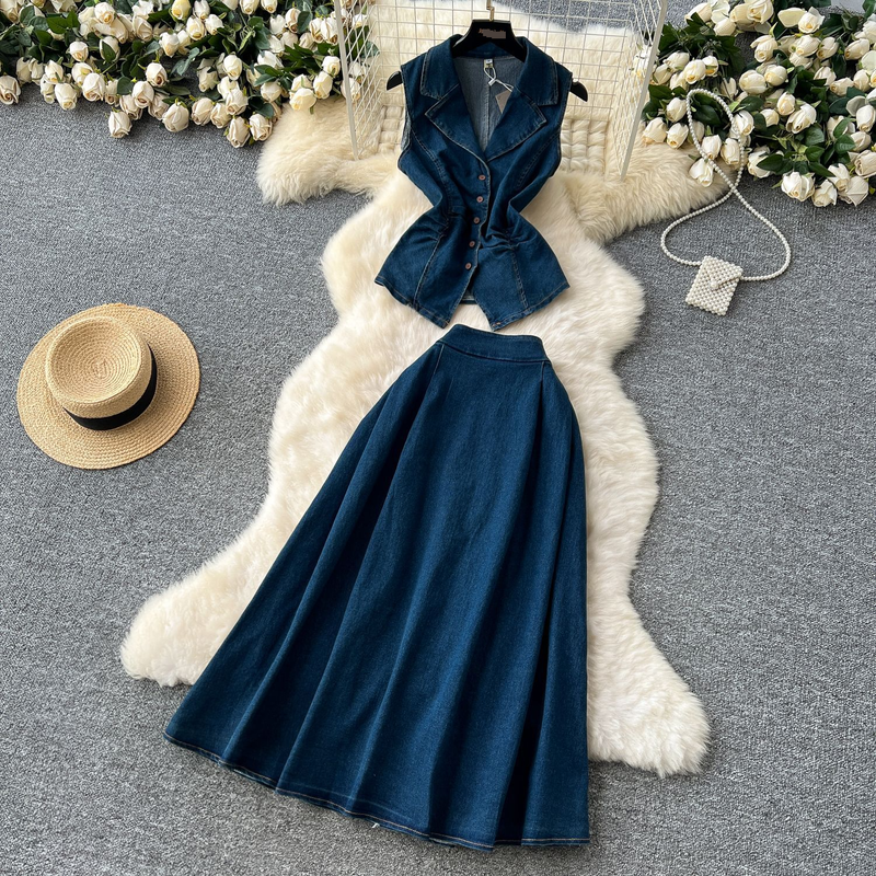 Dameklær Aldersreduserende dress for kvinner Plisset midje Lapel Ermeløs denim topp Høy midje skjørt_voghion.com