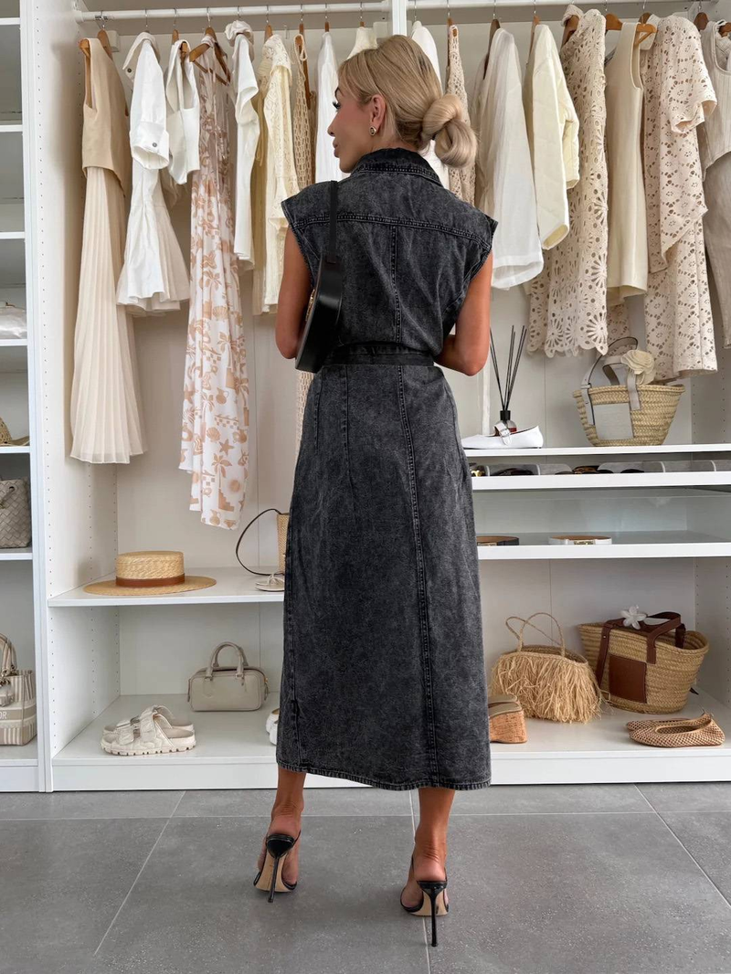 Abito monopetto senza maniche in denim casual di nuova moda da donna_voghion.com