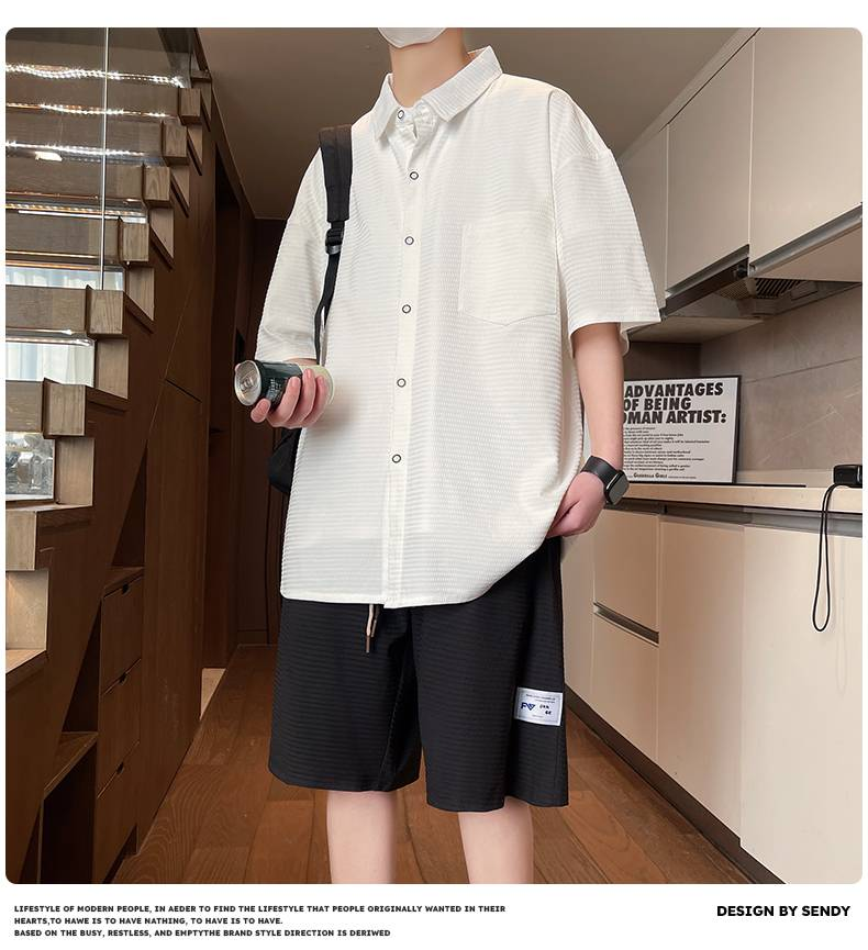 Novo conjunto de duas peças de camisa casual folgada e camiseta de manga curta da moda masculina de verão com gola de lapela para estudantes e marcas da moda_voghion.com