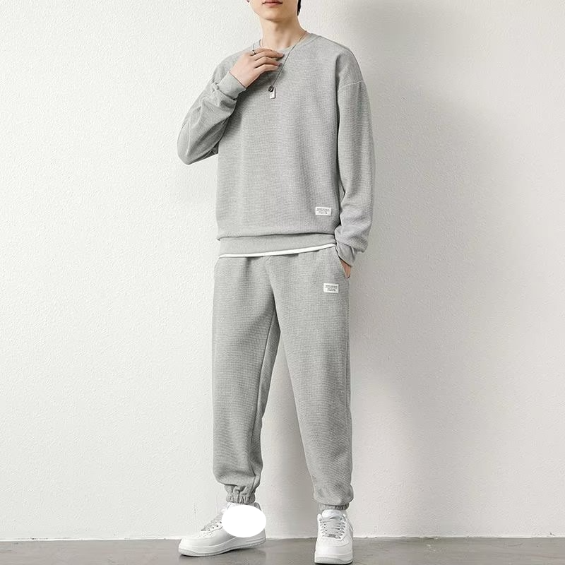 Spor Giyim Günlük Spor Sweatshirt Takım Elbise Erkek Sonbahar ve Kış Yeni Stil Bol Waffle Yuvarlak Yaka Sweatshirt_voghion.com