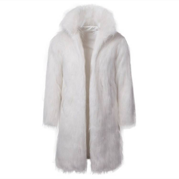 Men's Faux Fur Coat, Long Elegant Overcoat With Stand Collar, Velvet-Lined Winter Jacket In Black & White_voghion.com