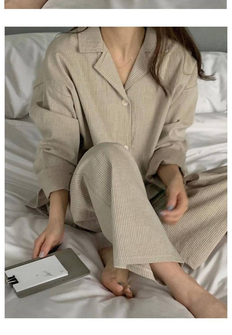 Pyjama à manches longues à rayures simples de style français Ins 2025 pour filles, ensemble de vêtements de détente décontractés et amples_voghion.com