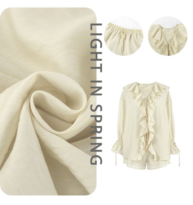 Elegantes, lässiges Lounge-Set mit Rüschenbesatz – fließende Strickjacke mit Bindeband vorne und Shorts für Damen, bequemes Frühlings- und Sommer-Outfit_voghion.com