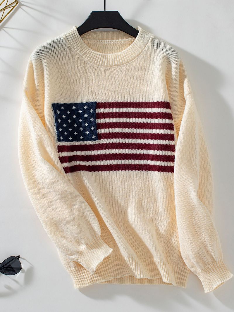 Damen-Strickpullover mit amerikanischem Flaggen-Print – gemütlicher Herbst- und Winterpullover, lässige, lockere Passform, lange Ärmel, Rundhalsausschnitt, Polyestermischung_voghion.com