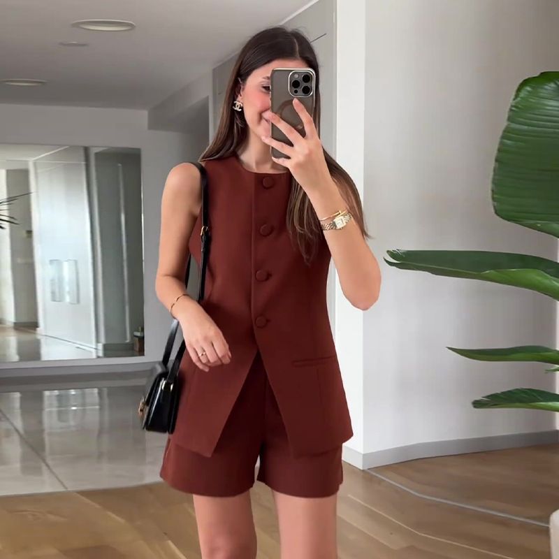 Damenbekleidung, eckiger Kragen, ärmellose Weste, hohe Taille, gerade Hose, Pendleranzug_voghion.com