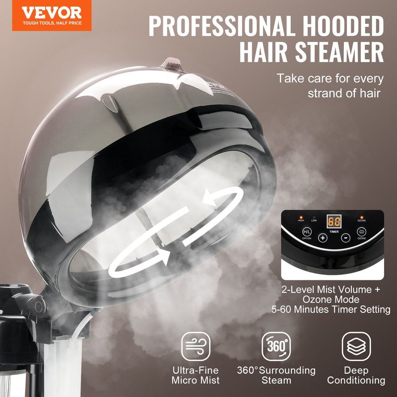 VEVOR Professional Hair Steamer 11.81-inch Hooded Ionic Hair Steamer With 2 Mode_voghion.com