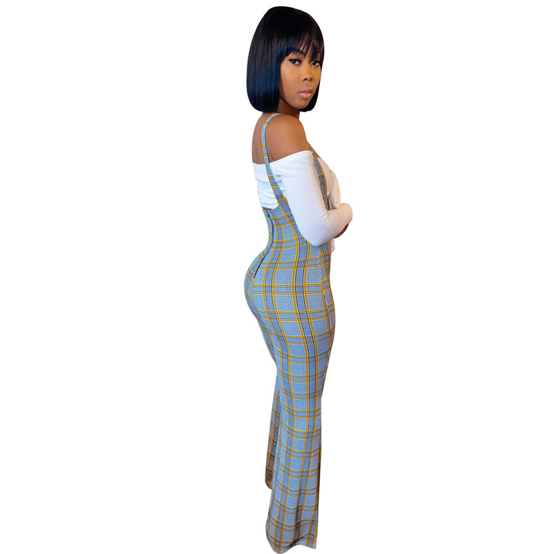 Women's sexy slim line shoulder coat plaid suspenders two-piece set_voghion.com