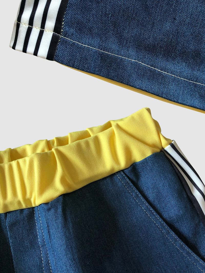 Kadın Giyim Renk Blok Kontrast İki Parça Kadın Spor Giyim Kısa Üst + Geniş Paça Pantolon Takımı_voghion.com
