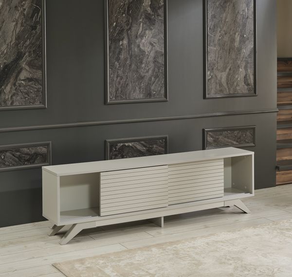 FurnisHome Store Luxia Mid Century Modern Tv Stand 2 Sliding Door Cabinet 2 Shelves 67 Inch Tv Unit, Grey_voghion.com