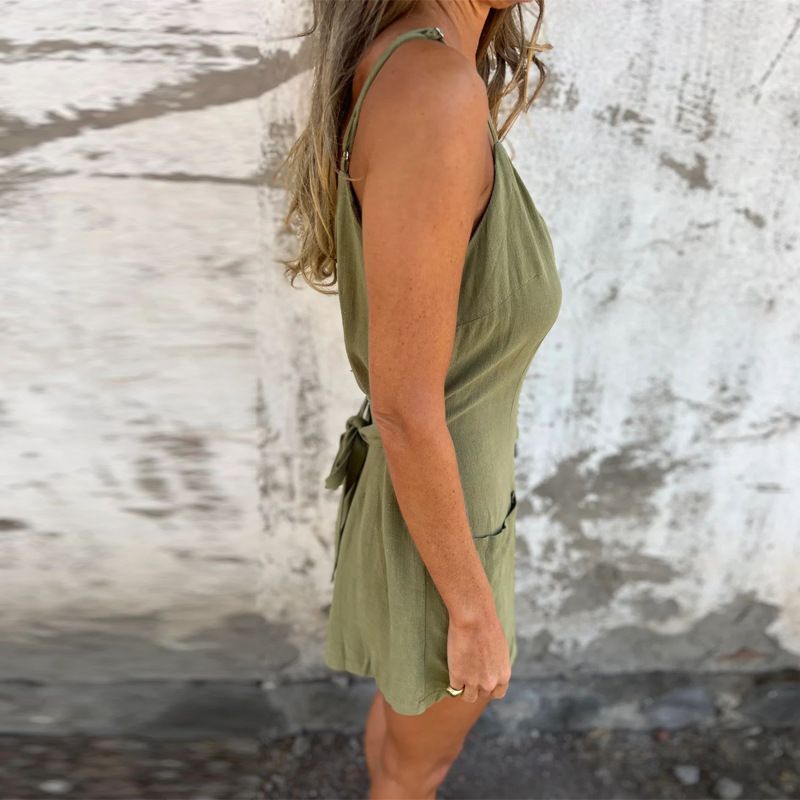 Tuta estiva da donna, comoda e casual, con scollo a V, in cotone e lino, con tasche e cinturino_voghion.com