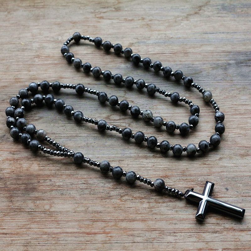 Vente chaude 6mm Lapis Lazuli Pierre Perle Hématite Pour Hommes Femmes Catholique Christ Chapelet Croix Pendentif Collier Dropshipping_voghion.com