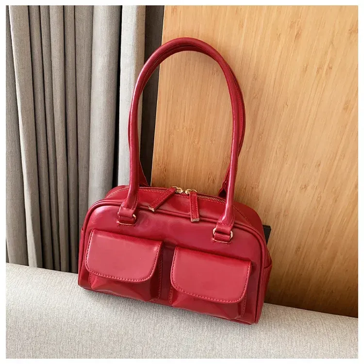 Borsa a tracolla da donna rossa retrò, in pelle verniciata, multitasche, da donna, a tracolla, sottobraccio, tote bag_voghion.com