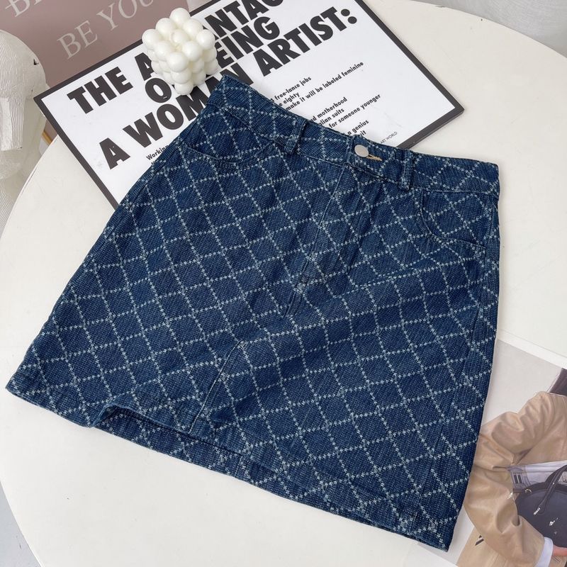 Conjunto de dos piezas de falda de abrigo corto de mezclilla estilo fragancia pequeña a la moda para mujer_voghion.com