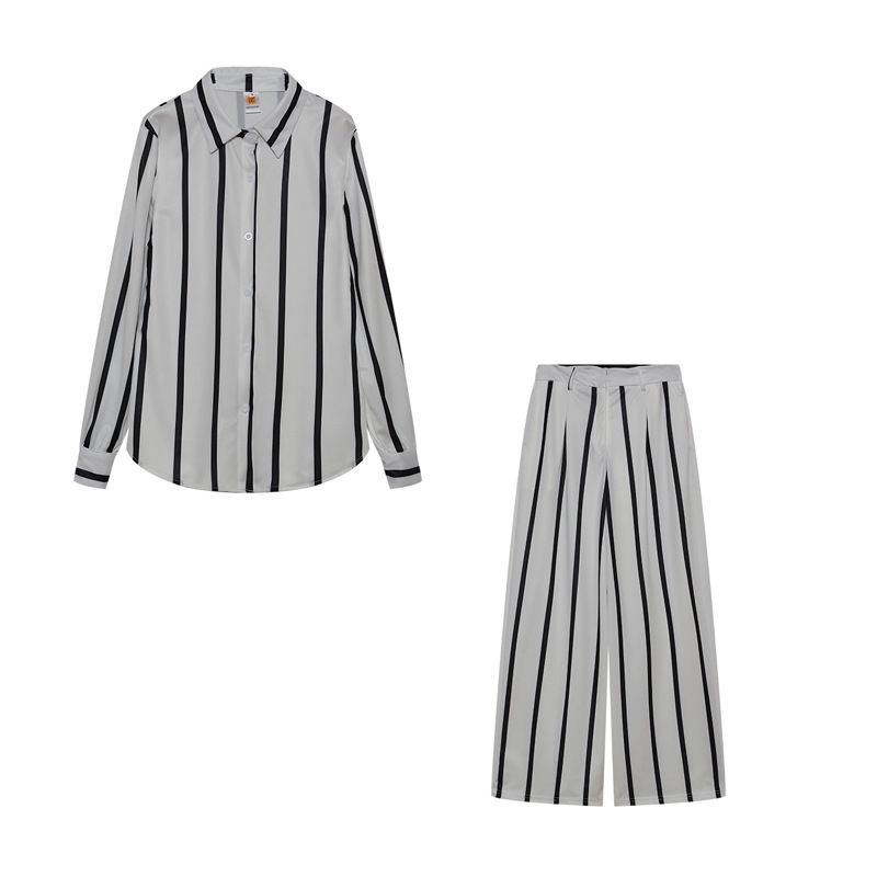Elegantes, modisches, gestreiftes Zweiteiler-Set für Damen, langärmliges Hemdoberteil + Hose mit weitem Bein, passende Büro-Outfits_voghion.com