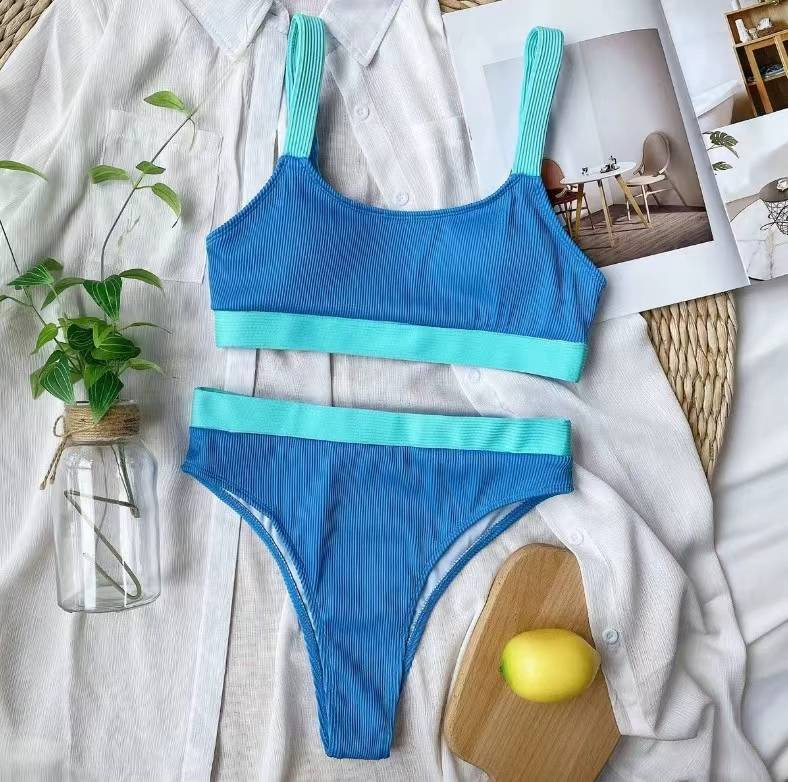 2024 New Thread Pit Stripe Fabric Bikini Donna Color Block Costumi da bagno divisi Costumi da bagno multicolori a vita alta_voghion.com