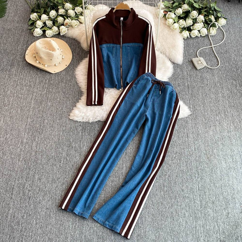 Women's Clothing Street Casual Suit Women Autumn New T Shirt Side Striped Top + Wide Leg Pants Two Piece Suit_voghion.com