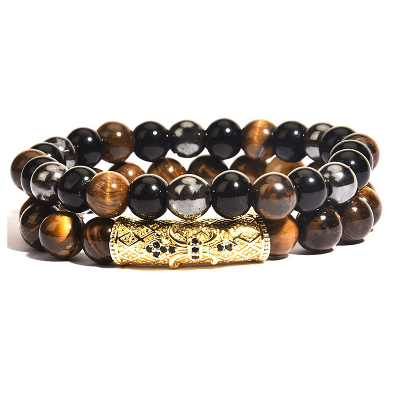 Men's Jewelry Copper Micro Inlaid Ball Micro Inlaid Curved Tube Bracelet With Diamond Agate Tiger Eye Stone Men's Set Bracelet_voghion.com