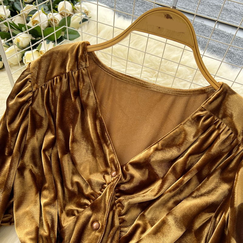 Completo da donna con camicetta in velluto con scollo a V e gonna midi fluida a vita alta - Elegante abito autunnale da donna (oro, bordeaux, nero, taglia unica)_voghion.com