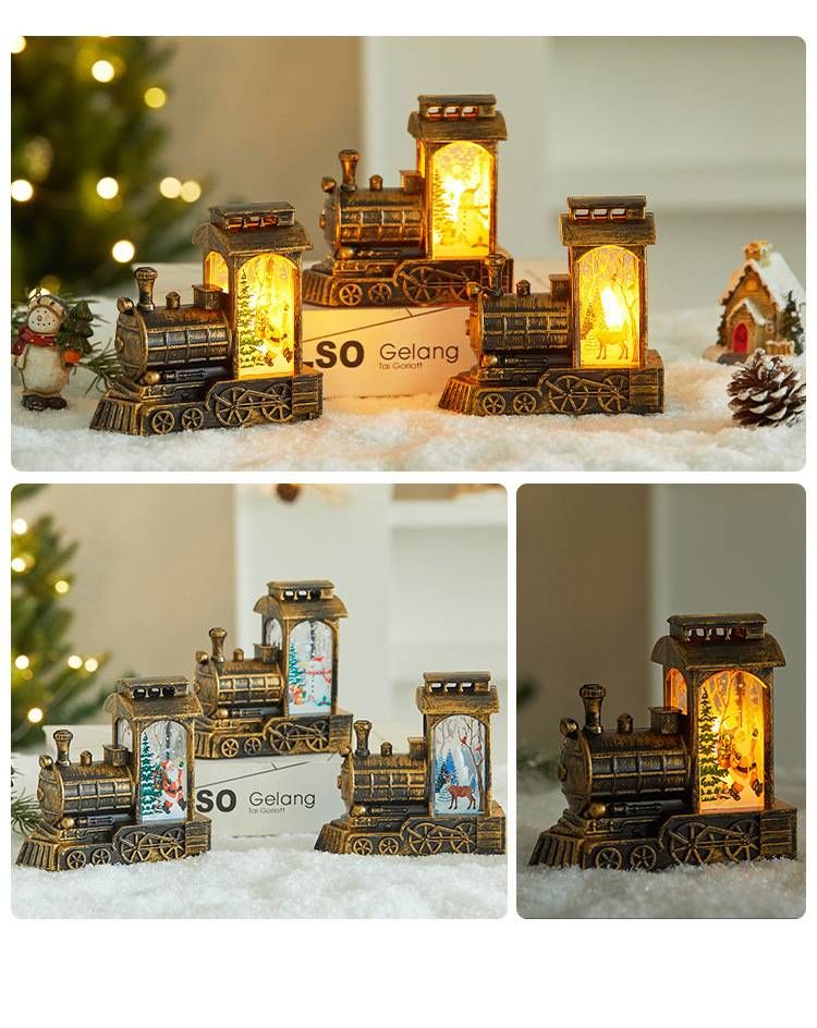 Luce notturna a forma di treno di Natale: lanterna a LED festiva attivata dall'acqua con disegni di Babbo Natale, renne e pupazzo di neve (dettagli con pennello dorato)_voghion.com