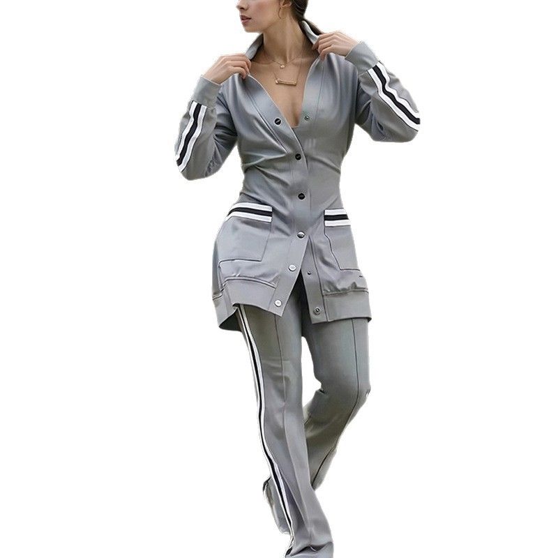 Women's Casual Button-Down Long Sleeve Top & Pants Set - Polyester Comfort Outfit For Work & Daily Wear_voghion.com