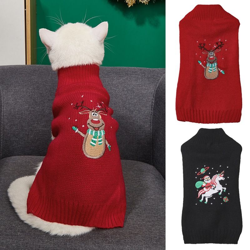Welpenpullover, mittelhoher Kragen, bestickter Schneemann, Weihnachtsmann, Rentier-Druck, einfarbig, gestrickt, hochelastisch_voghion.com