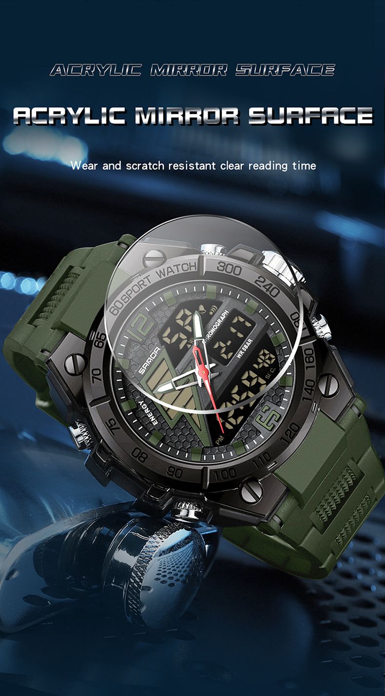 Men's Digital Analog Sports Watch With Luminous Display, 50M Waterproof, Alarm & Stopwatch – Stylish Black Tech Design Alarm Clock Chronograph Watch_voghion.com