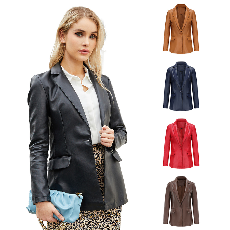 Nouveau petit blazer à manches longues pour femme, veste en cuir décontractée à bouton unique, couleur unie, 2023_voghion.com