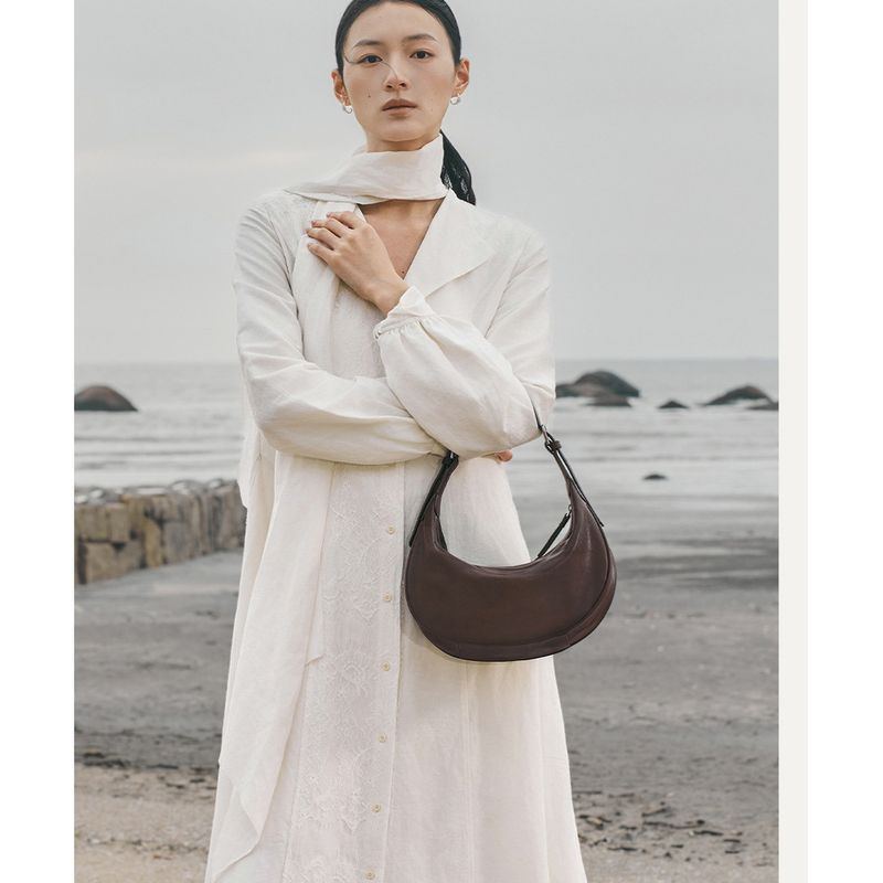 Borsa a tracolla da donna in vera pelle Hobbes Style a forma di mezzaluna, autunno/inverno 2025, alla moda e versatile, casual, per tutti i giorni_voghion.com