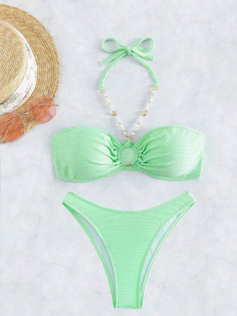 Dames bikini badpak vrouwelijke gras groene parel ketting halter nek tube top split badpak stijl_voghion.com