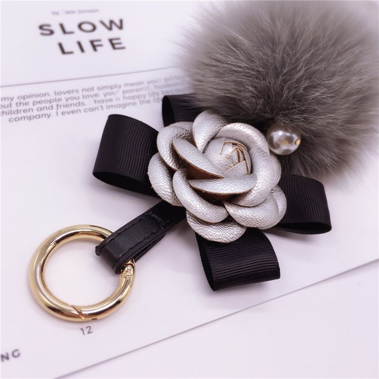 Korean Creative Bowknot Camellia Keychain Bag Pendant Women's Fox Fur Ball Key Ring Fashion Accessory_voghion.com