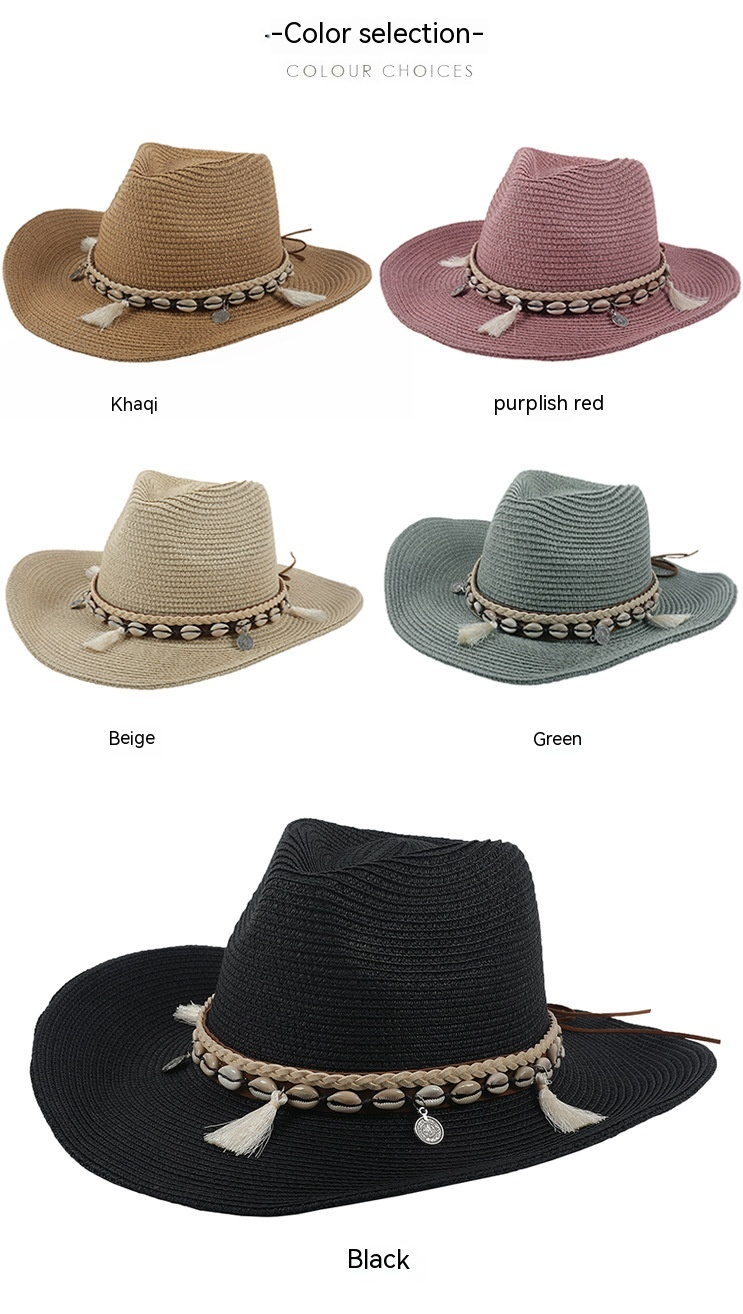 Nuovo cappello di paglia per la primavera e l'estate Cappello da protezione solare da viaggio Cappello da cowboy occidentale Cappello con frange a conchiglia Decorazione Cappello da jazz Cappello da spiaggia per uomo e donna_voghion.com