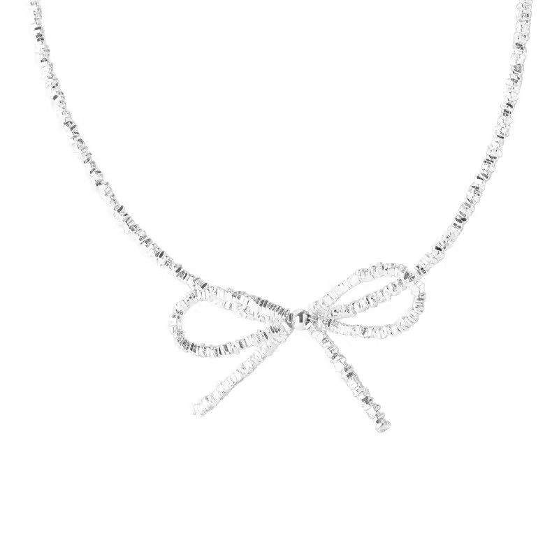 Collana con fiocco spezzato in argento puro per donna, Instagram, design unico, dolce e semplice, girocollo corto_voghion.com