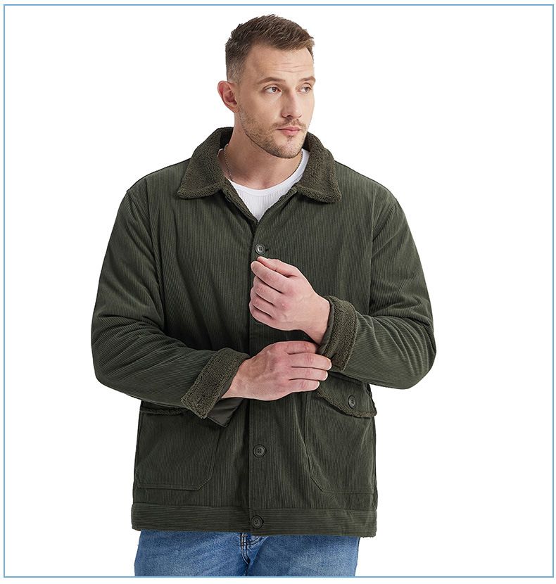 "Herrenjacke aus Cord und Lammfell mit Revers – Plüschiger, dicker Mantel in großer Größe (Schwarz/Grün/Hellbraun, S-XXL)"_voghion.com
