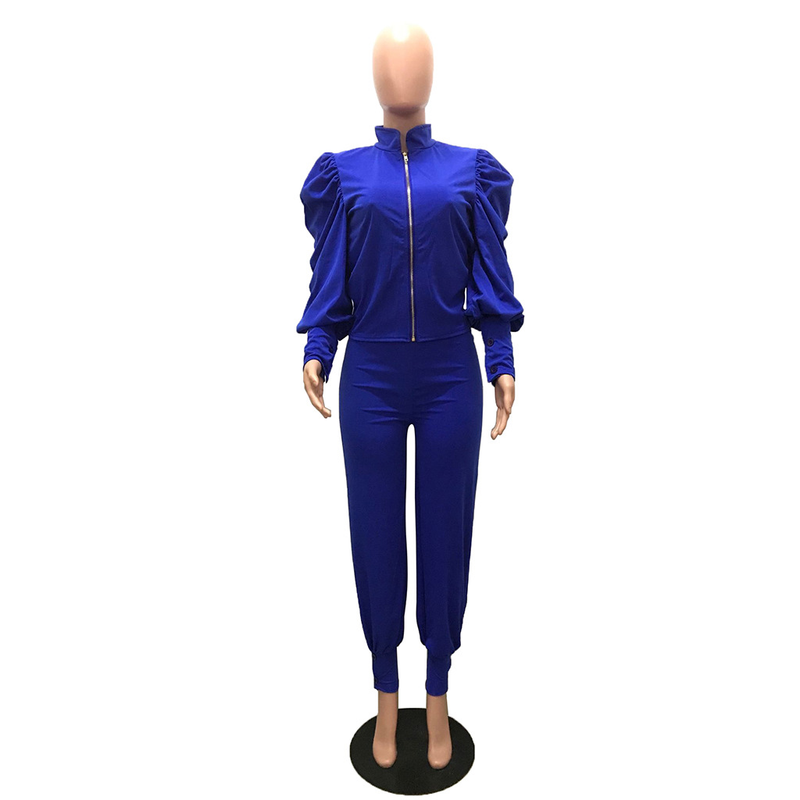 Damenbekleidung Mode Persönlichkeit Design Sinn für einfarbige Blase Ärmel Reißverschluss hoch taillierte Hose zweiteiliger Anzug_voghion.com