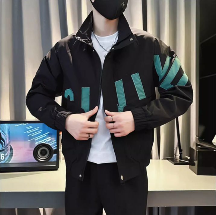 Men's Clothing Stylish Stand Collar Jacket With Contrast Color - Lightweight Corduroy & Polyester Lining For Autumn Casual Wear (White/Black/Green)_voghion.com
